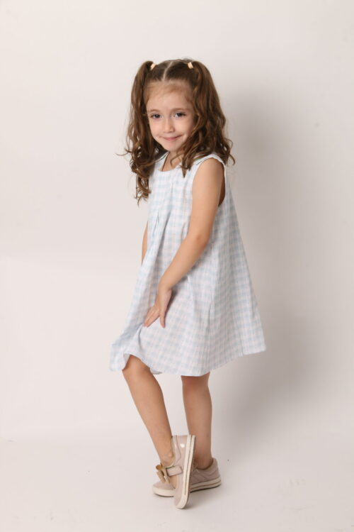 Vestido Infantil Trapézio Xadrez Céu